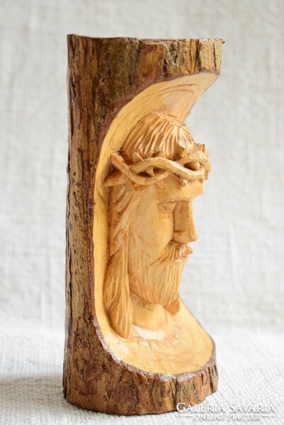 Jesus Christ head and face carved into tree branch detail 14 cm handicraft product carving (01)