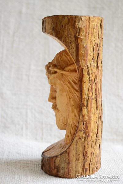 Faág részletbe faragott Jézus Krisztus fej , arc 14 cm kézműves termék faragás (01)