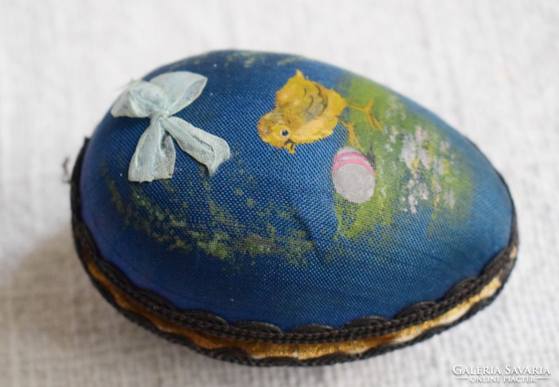 Antique Easter papier-mâché egg, decorative painted silk cover, metal thread bow inside, chick figure 8.5 cm
