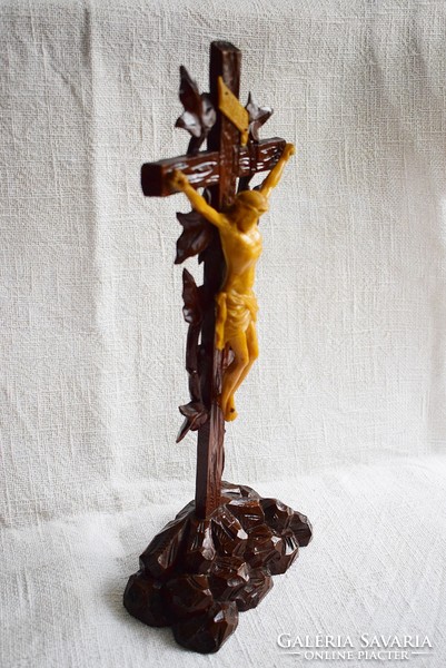 Old crucifix corpus carved wood, tabletop 40.5 cm (01)