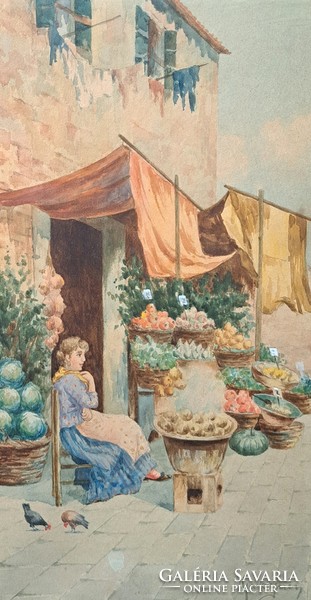 Natale gavagnin: the greengrocer's girl - Mediterranean watercolor street scene -