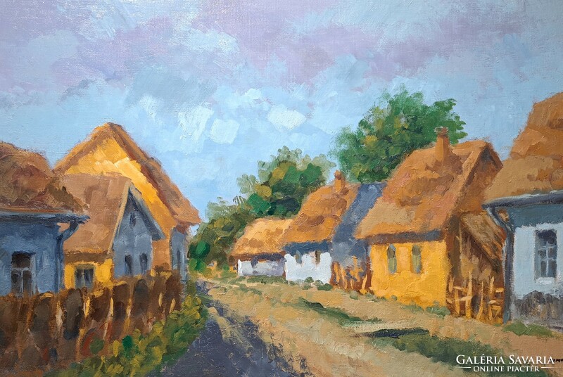 József Tímár: rural street scene - oil painting on fiberboard - contemporary painter
