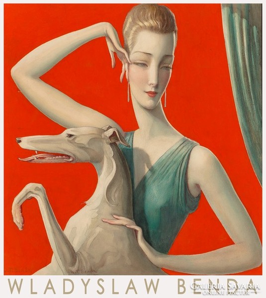 Wladyslaw benda 1920s art deco painting art poster, elegant lady woman portrait greyhound dog