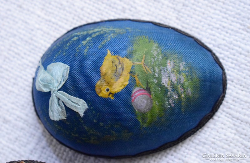 Antique Easter papier-mâché egg, decorative painted silk cover, metal thread bow inside, chick figure 8.5 cm