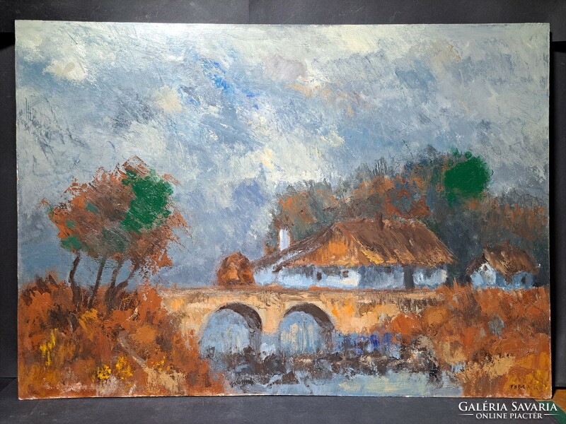 József Tímár: lowland landscape - bridge with two holes - oil painting, contemporary painter