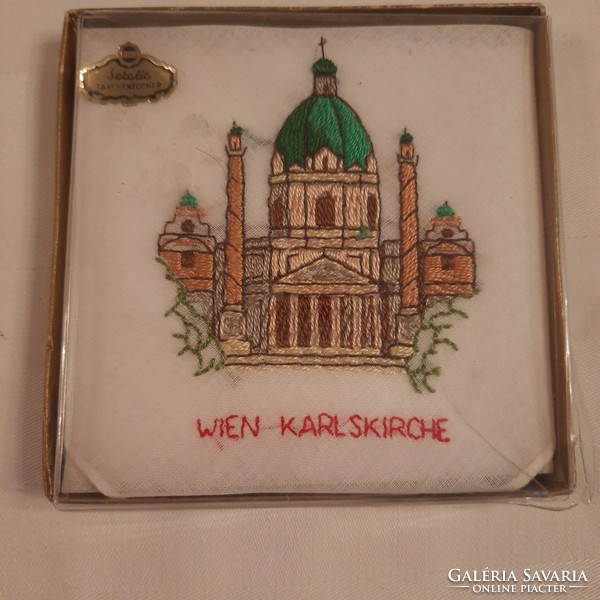 Embroidered textile handkerchief in a gift box from the 1970s Vienna Karlskirche