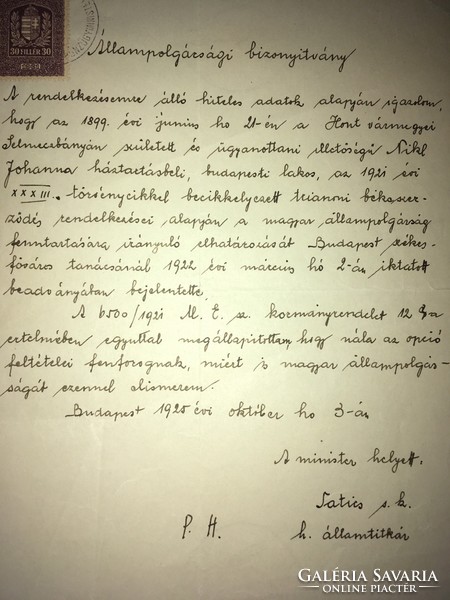 Állampolgársági Bizonyítvány/1925/...trianoni békeszerződés rendelkezései alapján a magyar állampogá