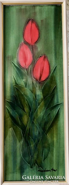 Macskássy Izolda : Piros tulipánok selyem kollázs képe