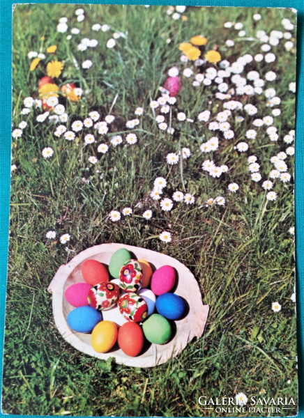 Retro húsvéti képeslap, színes tojás, 1976, futott