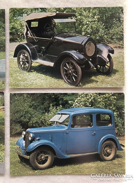 4 old car, vehicle postcards