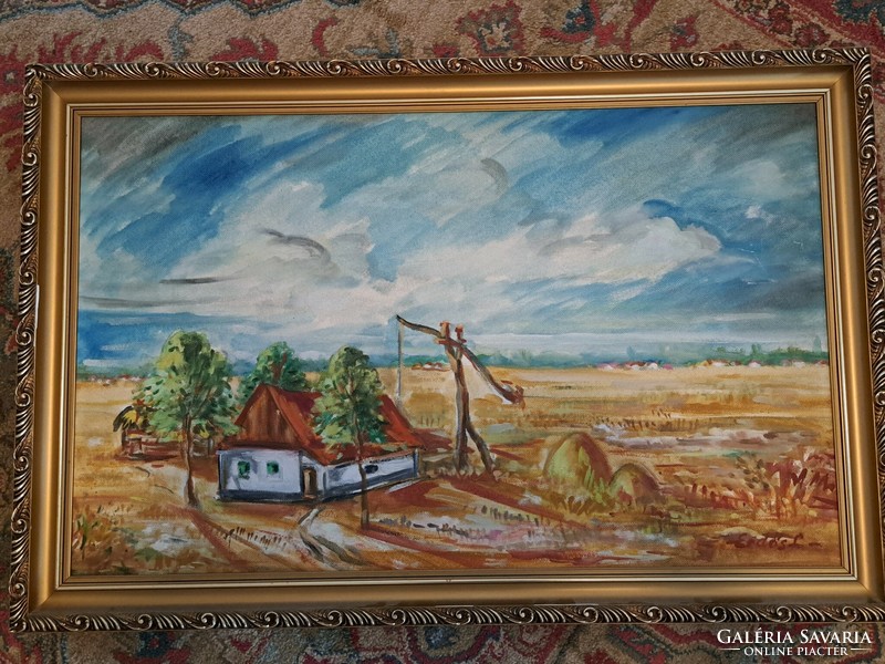 László Erdős' farmstead oil painting 58x88 cm with frame