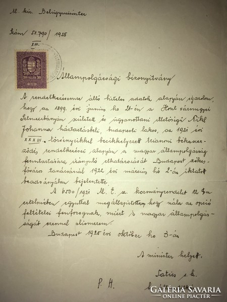 Állampolgársági Bizonyítvány/1925/...trianoni békeszerződés rendelkezései alapján a magyar állampogá