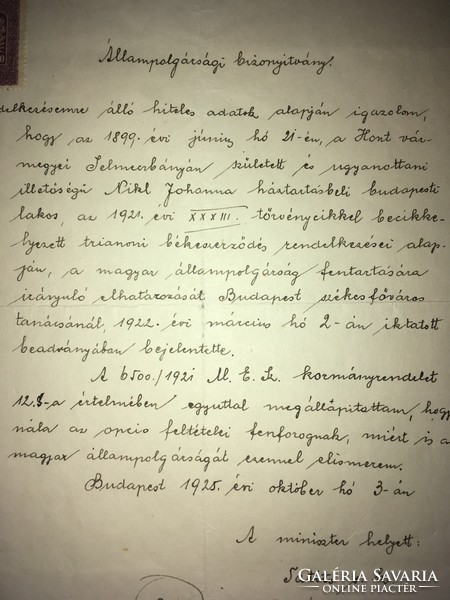 Állampolgársági Bizonyítvány/1925/ M kir Belügyminiszter.  ...trianoni békeszerződés rendelkezései..