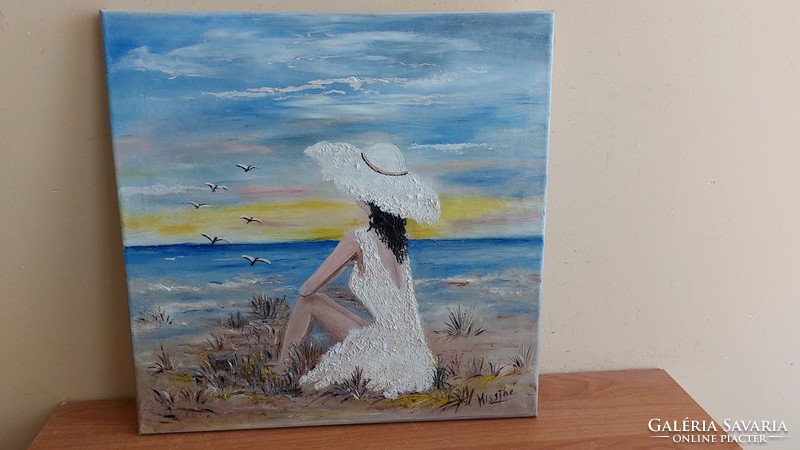 (K) waterfront, lady in hat painting 40x40 cm