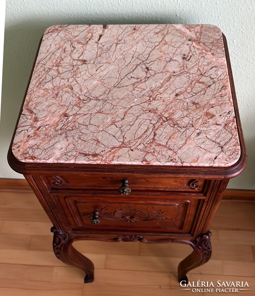 Antique baroque-style bedside cabinet with marble top and inlay, chest of drawers