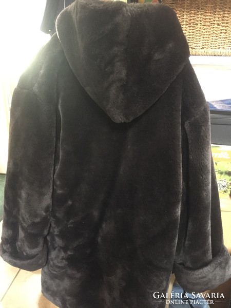 Dark brown, hooded, panofix faux fur coat for size 38