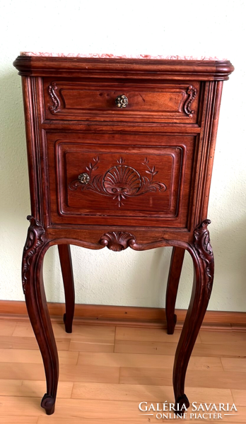 Antique baroque-style bedside cabinet with marble top and inlay, chest of drawers