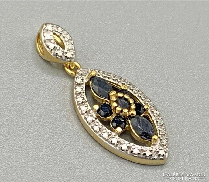 Beautiful sapphire-diamond gemstone pendant, 14k gold-plated--new