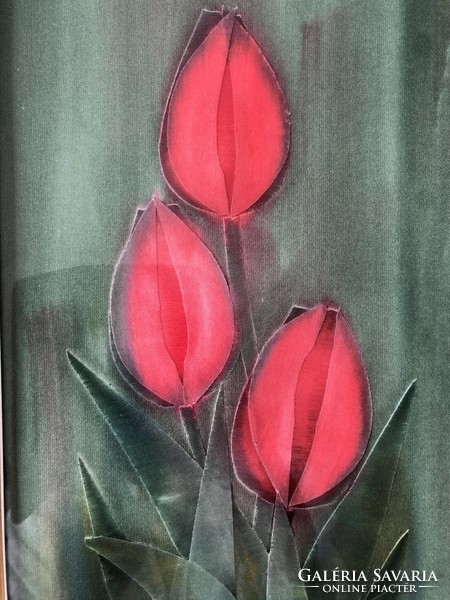 Macskássy Izolda : Piros tulipánok selyem kollázs képe