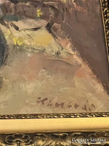 Still life painting by Béla Kamarás with sign, framed oil