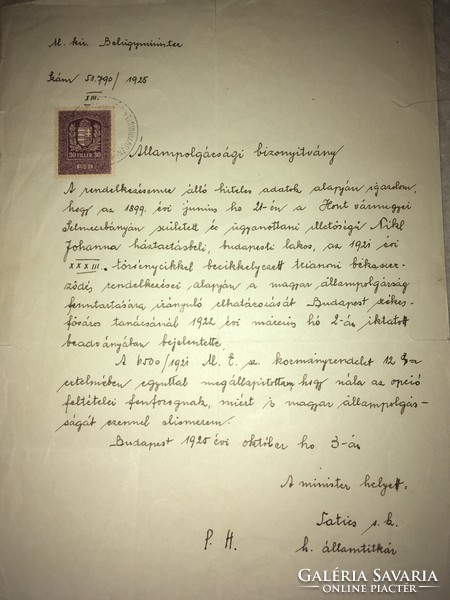 Állampolgársági Bizonyítvány/1925/...trianoni békeszerződés rendelkezései alapján a magyar állampogá