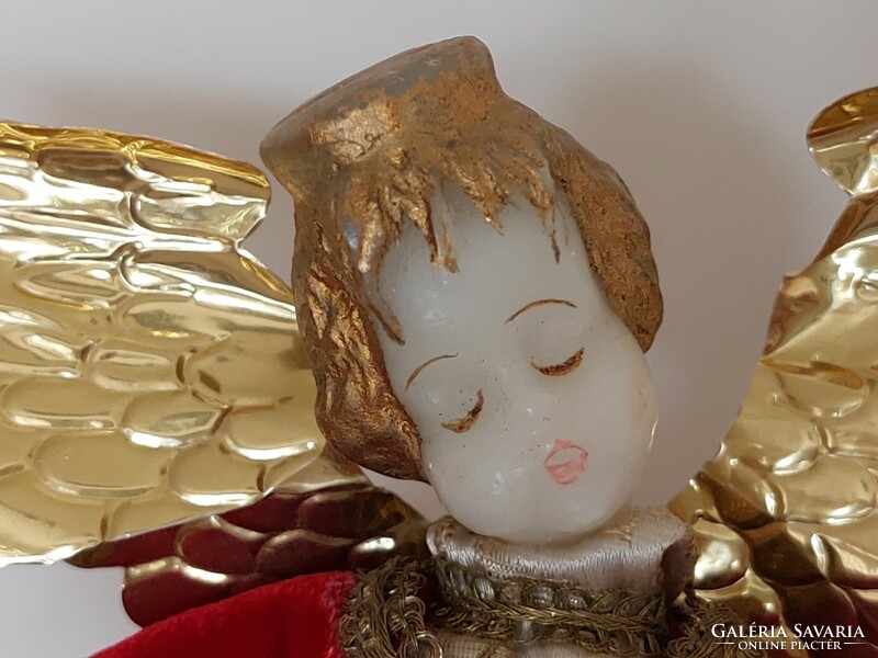 Christmas koestel angel top decoration with wax head in burgundy dress with golden wings 19 cm