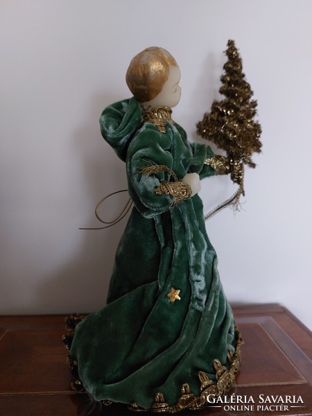 Christmas koestel angel with Christmas tree top decoration wax head green velvet dress 24 cm