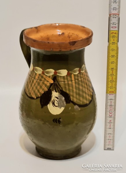 Folk, black, white floral, cream lattice, olive green glazed ceramic milk jug (2586)