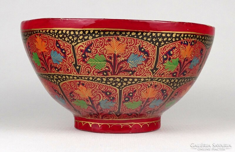 1M582 old oriental red papier-mâché bowl 8.5 X 15.5 Cm
