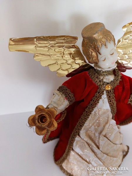 Christmas koestel angel top decoration with wax head in burgundy dress with golden wings 19 cm