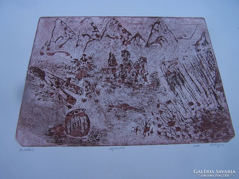 Erdélyi jelzéssel: Illusztráció: Repesztés (2008) papír,rézkarc, 32×26 cm + keret