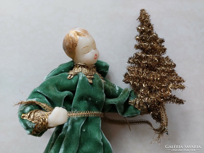 Karácsonyi Koestel angyal karácsonyfával csúcsdísz viasz fejű zöld bársonyruhás 24 cm
