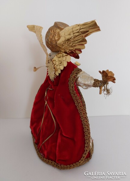 Christmas koestel angel top decoration with wax head in burgundy dress with golden wings 19 cm