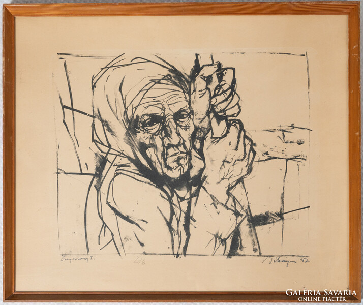 Lithograph of an idolatrous old woman between 1967 and 1977