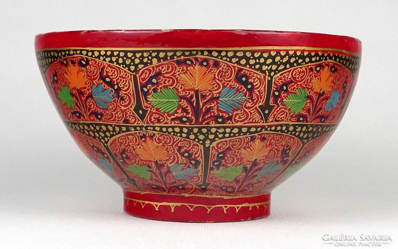 1M582 old oriental red papier-mâché bowl 8.5 X 15.5 Cm