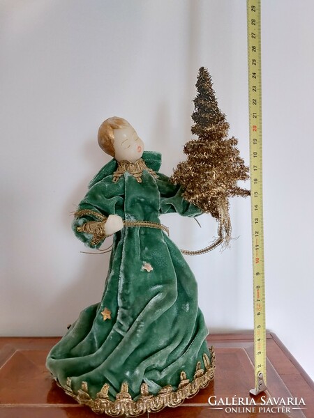 Christmas koestel angel with Christmas tree top decoration wax head green velvet dress 24 cm
