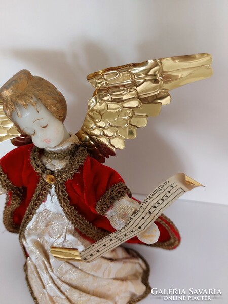 Karácsonyi Koestel angyal csúcsdísz viasz fejű bordó ruhás aranyszárnyú 19 cm