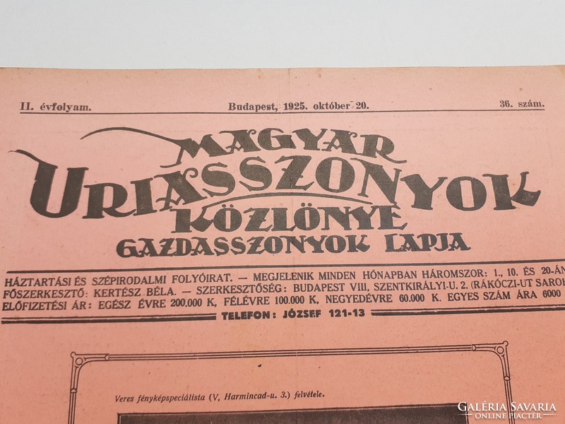 Régi újság 1925 Magyar uriasszonyok közlönye Gazdasszonyok lapja