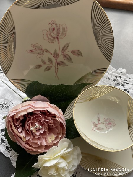 Csodás gyűjtői, art deco kézzel festett rózsás GKC Bavaria reggeliző teás csésze szett, trió