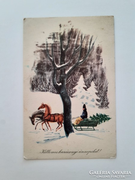 Régi karácsonyi képeslap rajzos levelezőlap lovas szán
