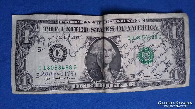 1977-es zöld pecsétes USA 1 dollár 40 éves szerelmi vallomással, Ginette-től