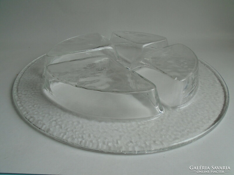 Large, heavy, thick-walled split glass serving tray, center of the table.