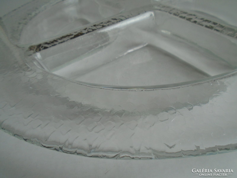 Large, heavy, thick-walled split glass serving tray, center of the table.