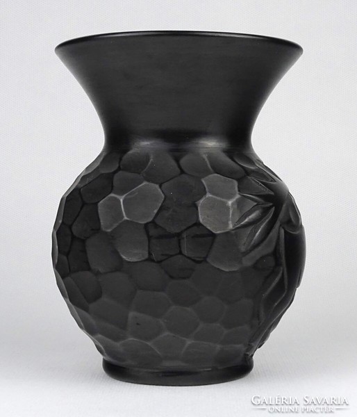 1M597 Régi csodaszarvasos feketecserép váza 14.5 cm