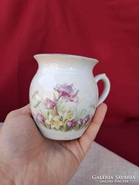 Beautiful porcelain cup with iris flowers, milky milk 9.5 cm high