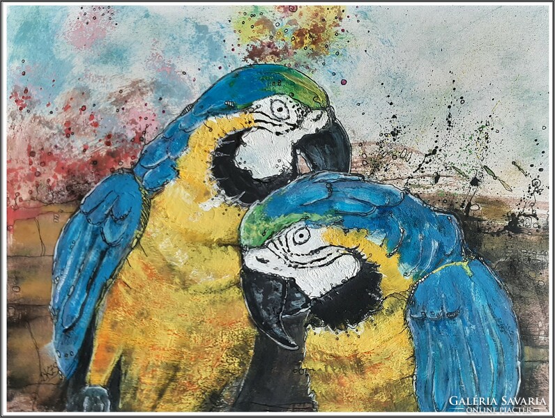 Parrot couple-painting framed