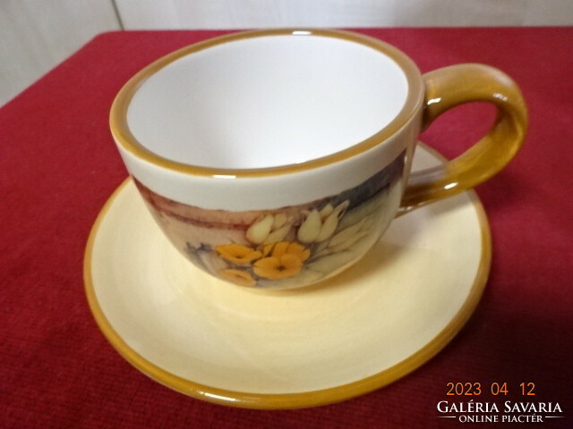 Hungarian glazed ceramic tea set, one pot, two cups, one saucer. Jokai.