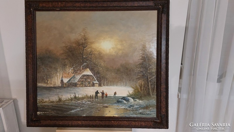 (K) beautiful signed moving winter landscape painting with 85x95 cm frame