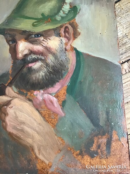 Old oil on wood portrait painting without frame