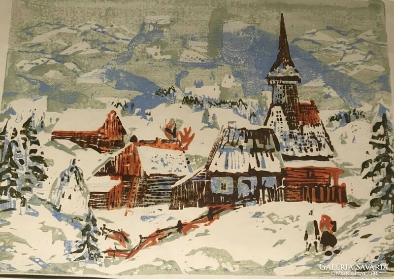 András Rácz - winter small town with church - mixed media